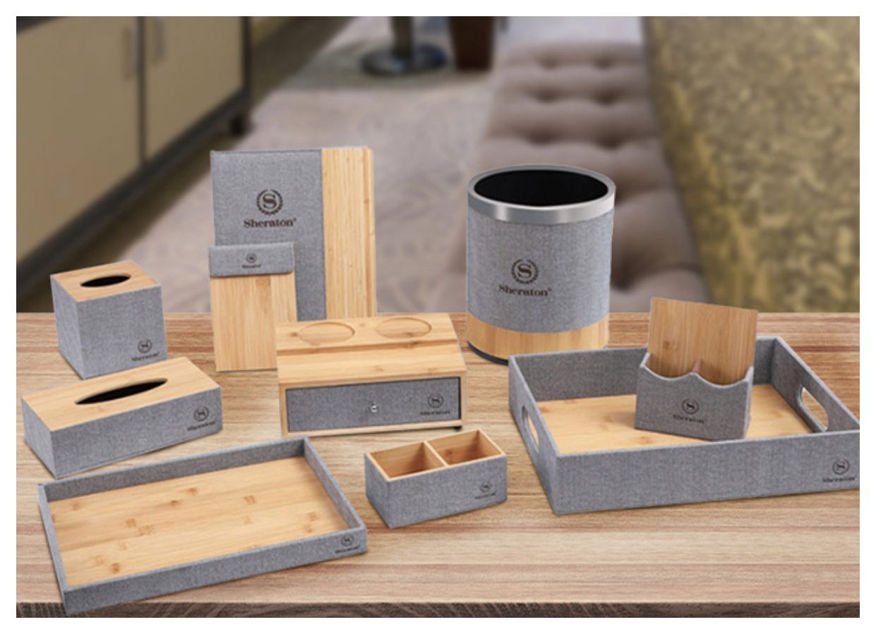 Leather and bamboo guestroom organizer set
