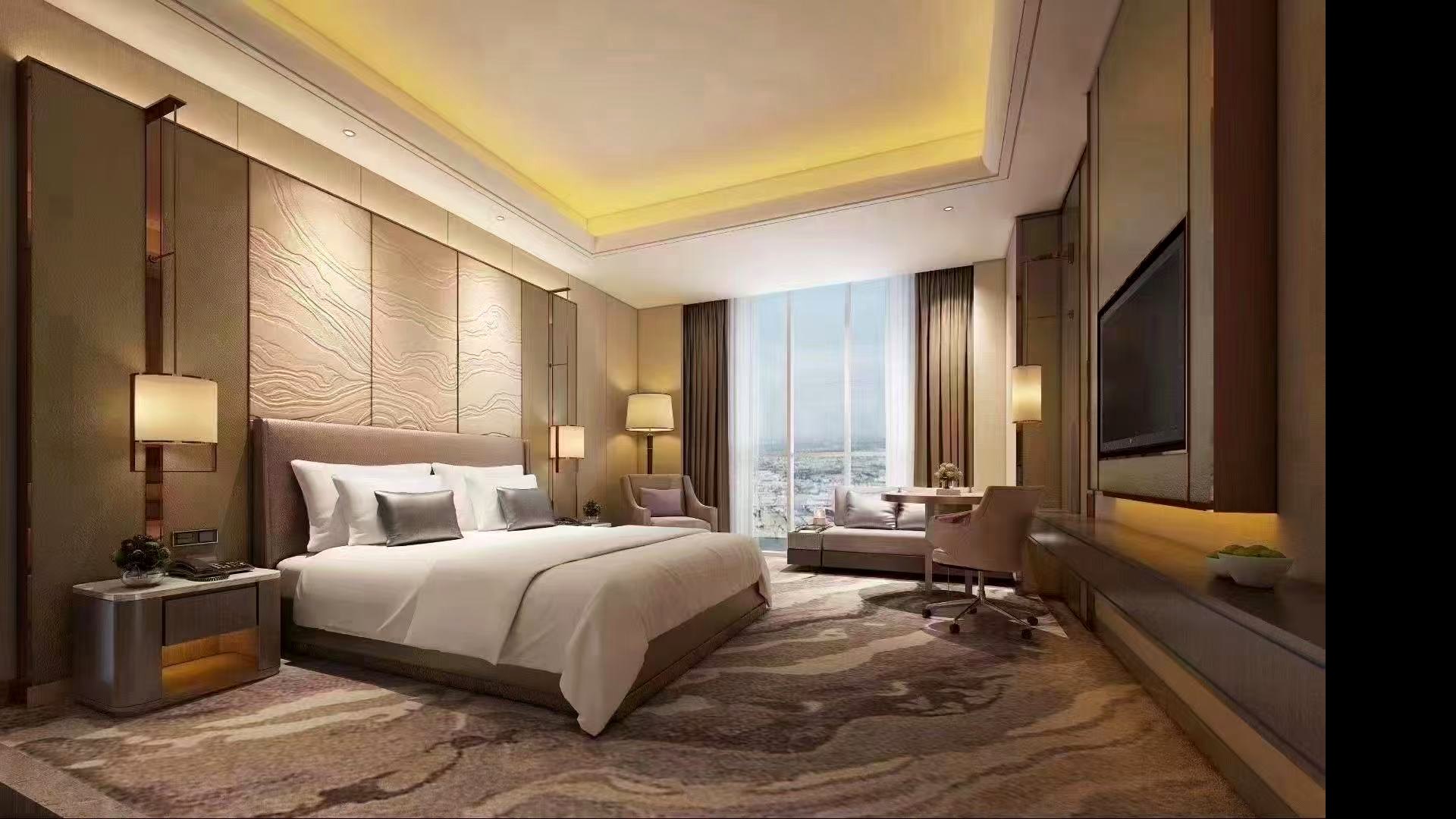 Luxury hotel suite dressed with Boutique Hotel Supply bedding and accessories